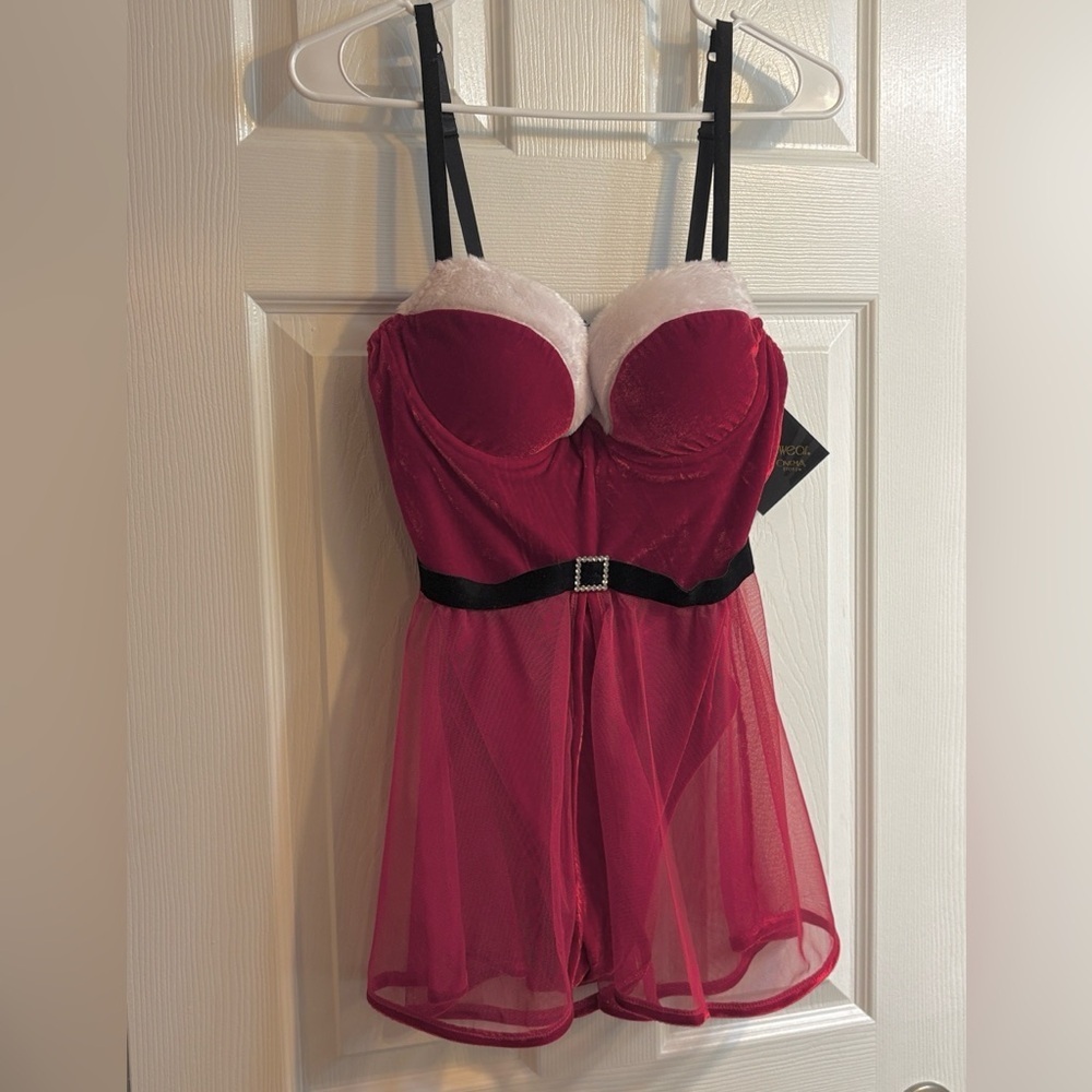 Seductive Wear Sexy Santa Sweetheart Neck Padded Cup Tulle Skirted Bodysuit. Med
